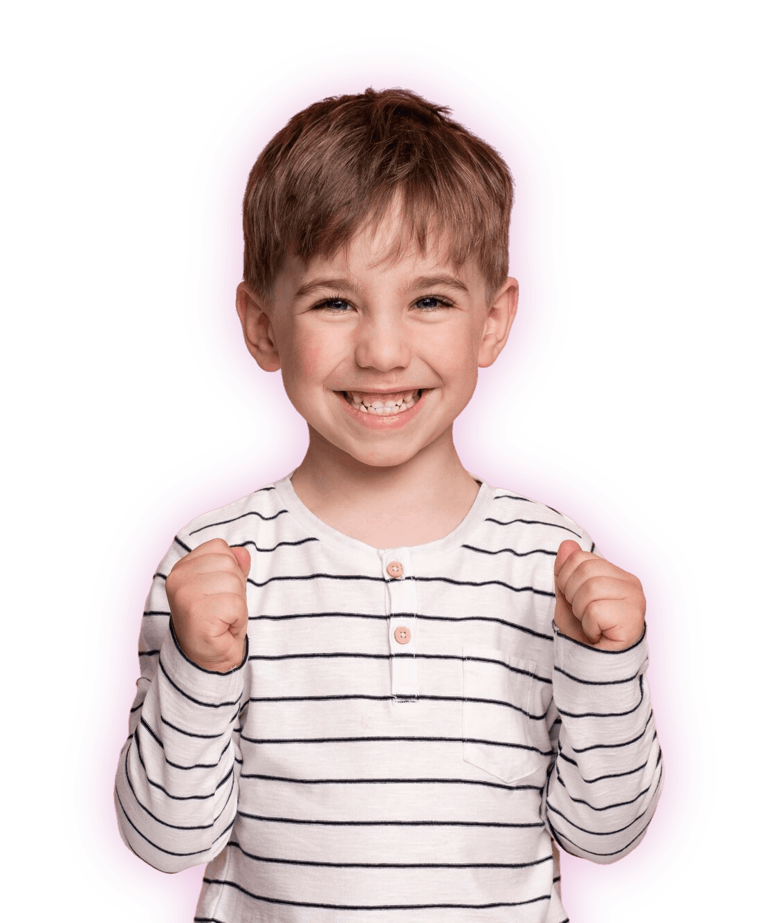 A smiling child celebrating with raised fists